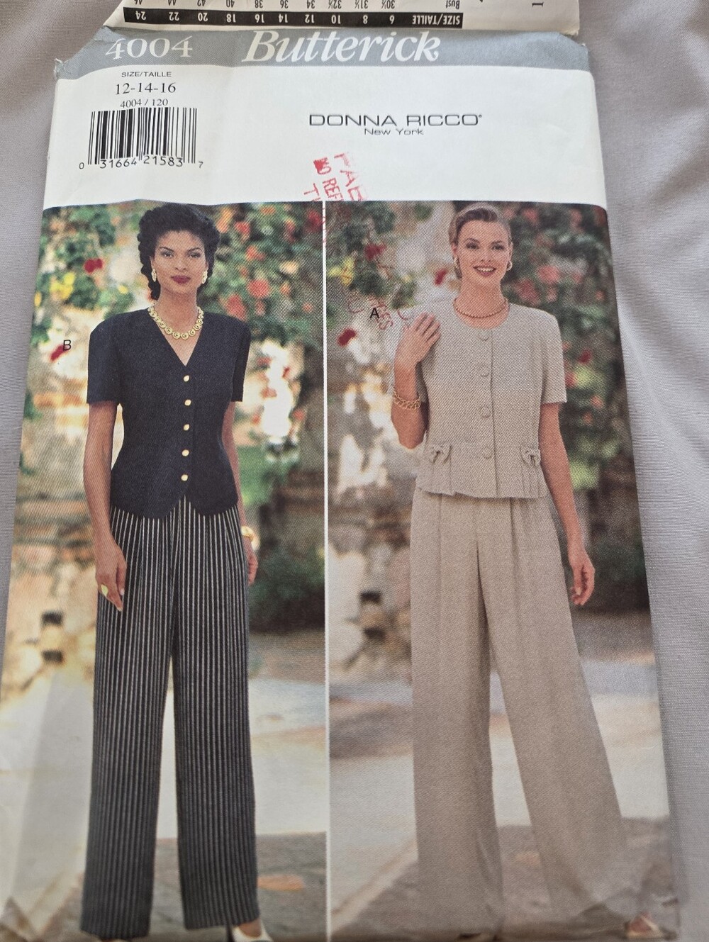 Butterick 4004 Donna Ricco Misses' Top and Pants Sewing Pattern